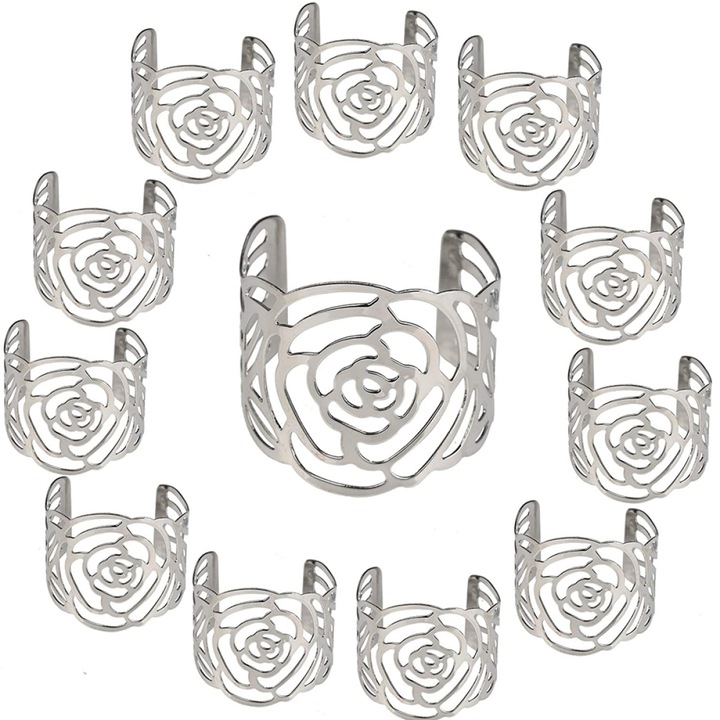 Set 12 inele pentru servetele, model floral, fier, argintiu, 4.6x2.8cm