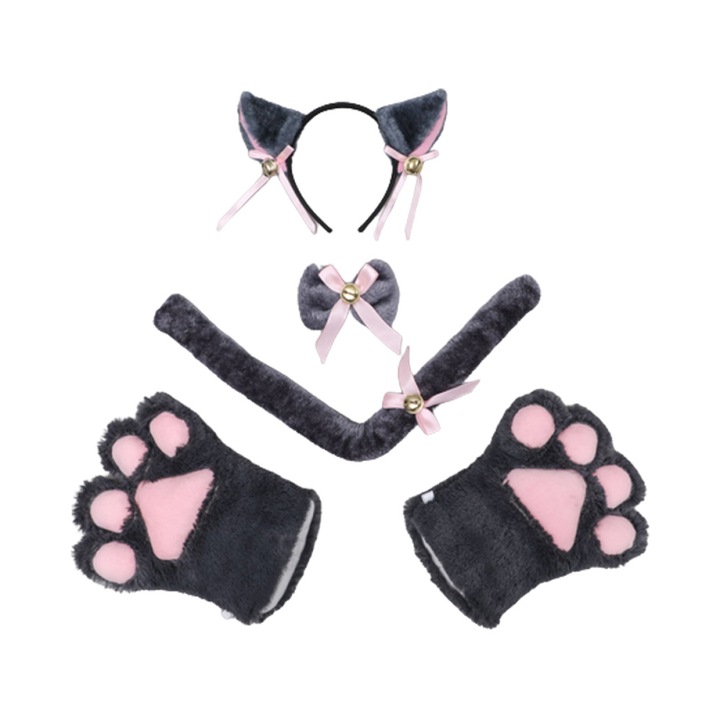 Cat Cosplay kiegészítő készlet, plusz, fülek / kesztyűk / farok / nyakörv harangokkal, többszínű
