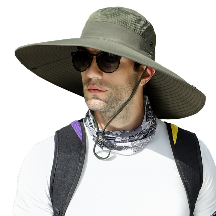 Palarie unisex, protectie UV, cu boruri largi, respirabila, curea de fixare, Verde