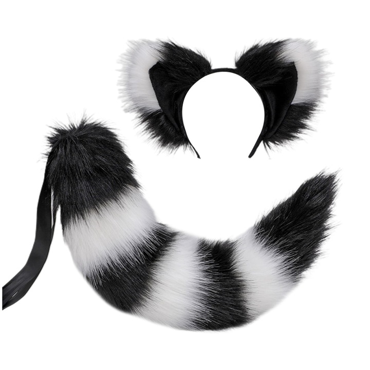 Set Urechi + Coada Pisica, Ajustabil, 60 cm, Alb / Negru