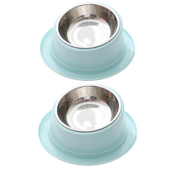 Set 2 castronele pisici, inox, antiderapante, albastru, 14x22cm