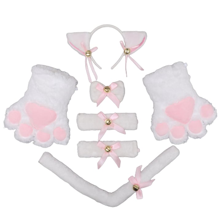 Set Accesorii Cosplay Pisica, Banda cu Urechi, Manusi Fara Degete, Coada Flexibila, Alb