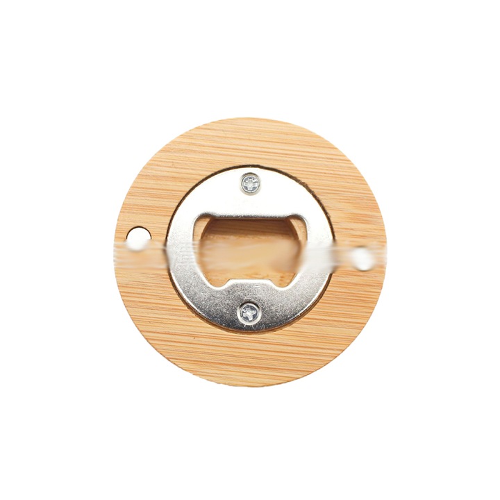 Deschizator de sticle, lemn de fag, multifunctional, magnet de frigider, 6.5 cm, bej/argintiu