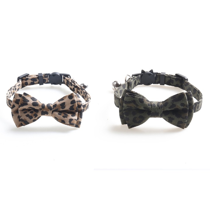 Set de 2 zgarzi cu clopotel si papion pentru pisici, Ajustabile, Multicolor, 28cm