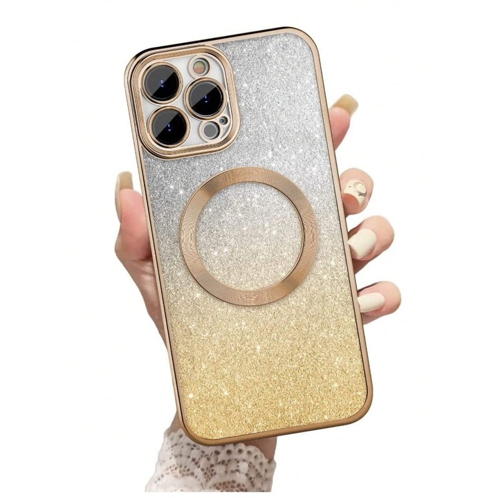 Калъф за телефон, За iPhone 15 Plus, Магнитен, Златист, С блестяща хартия