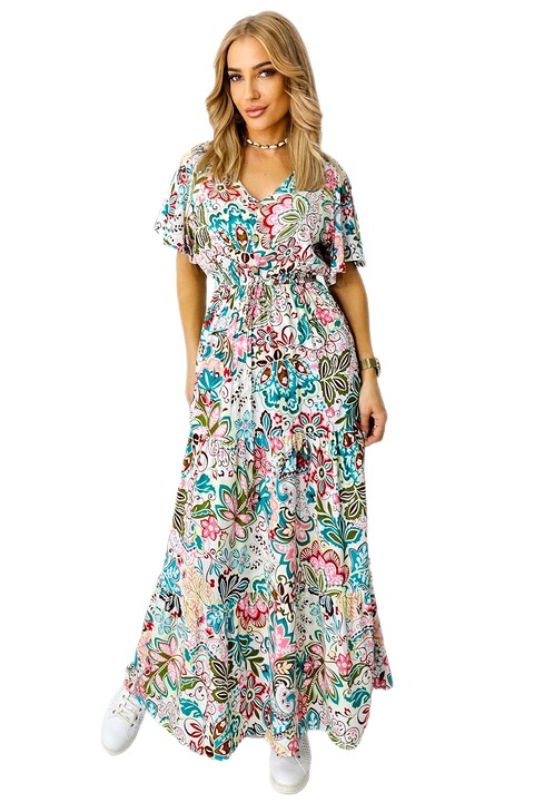Mandinga nyári ruha, pamutból, trópusi mintával, Türkiz