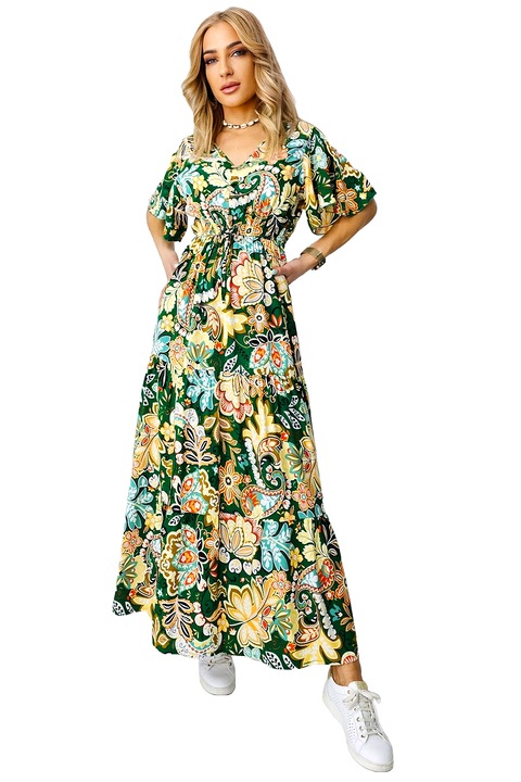 Mandinga nyári ruha, pamutból, trópusi mintával, Zöld