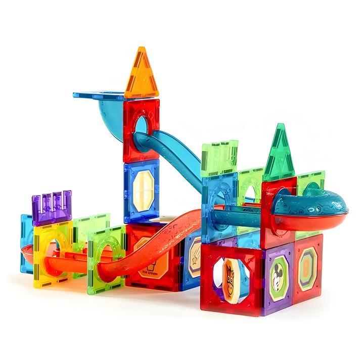 Set de constructie interactiv magnetic 3D, Zanox®, roller coaster cu bile, numeroase posibilitati de construit, 78 piese, multicolor