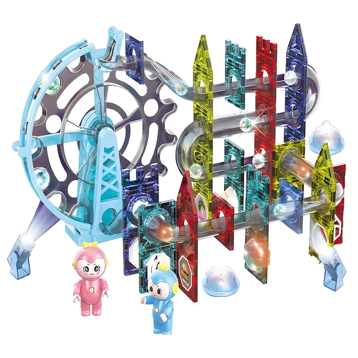 Set de constructie interactiv magnetic 3D, Zanox®, pista cu bile, roata electrica, lumina si muzica, 80 buc