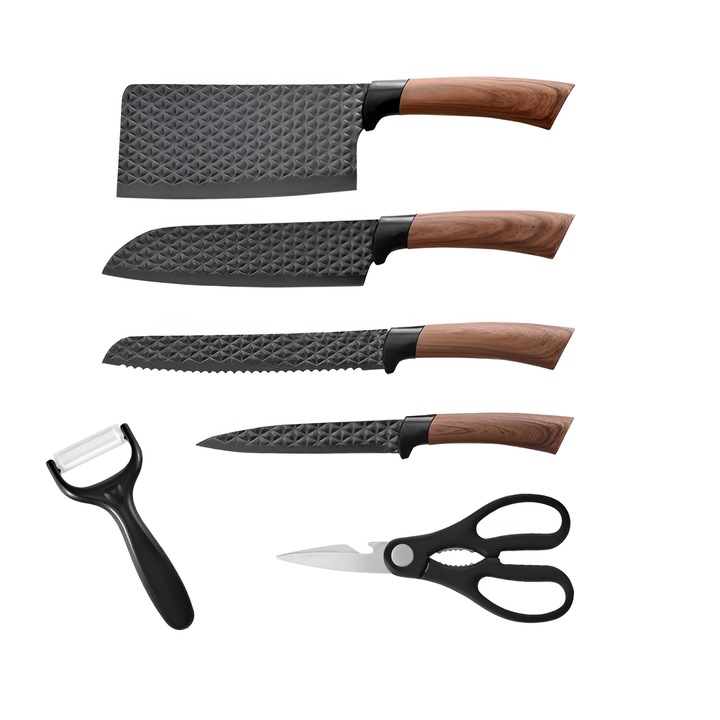 Set Cutite 6 Piese, din Otel Inoxidabil, Negru, Design Modern, Foarte Ascutite, Anti-Coroziune, Manere Confortabile, Neo™