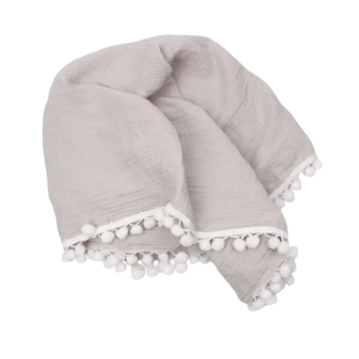 Muszlin takaró pomponokkal babának, 100x120cm, szürke