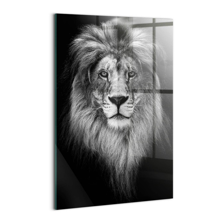 Tablou Sticla, Wallfluent, Cap de leu de pisica salbatica, Negru, 40x60 cm, 010010010160100277305