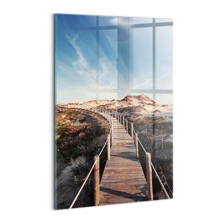 Tablou Sticla, Wallfluent, Peisaj de vara si drum de lemn, Albastru, 40x60 cm, 010010010160100277304