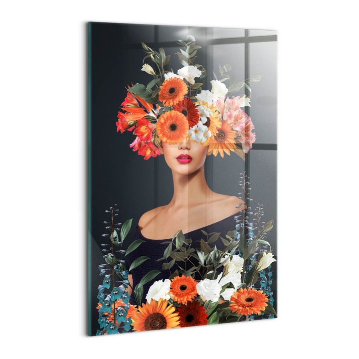 Tablou Sticla, Wallfluent, Cap de femeie in flori, Multicolor, 40x60 cm, 010010010160100277310