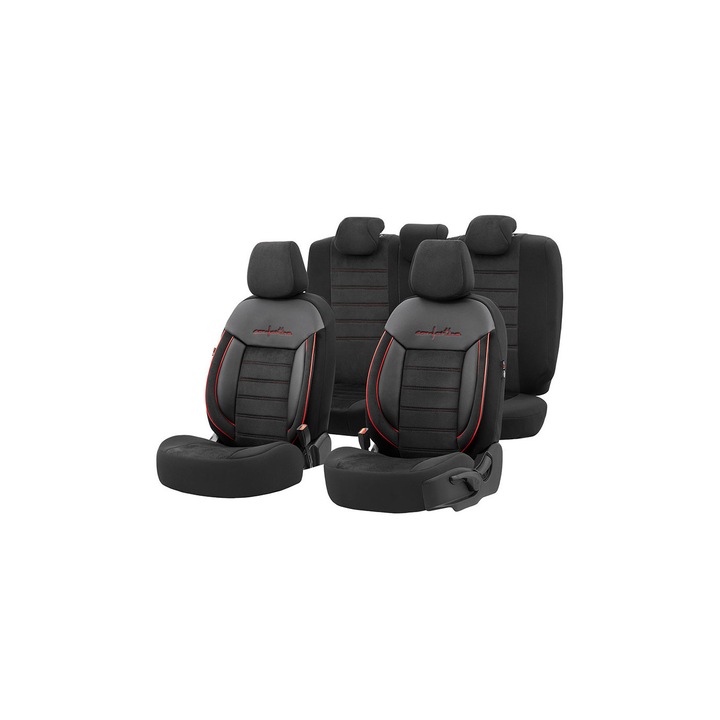 Set huse auto Comfortline Design, Universal, Alcantara/Piele, negru cu rosu, 11 piese