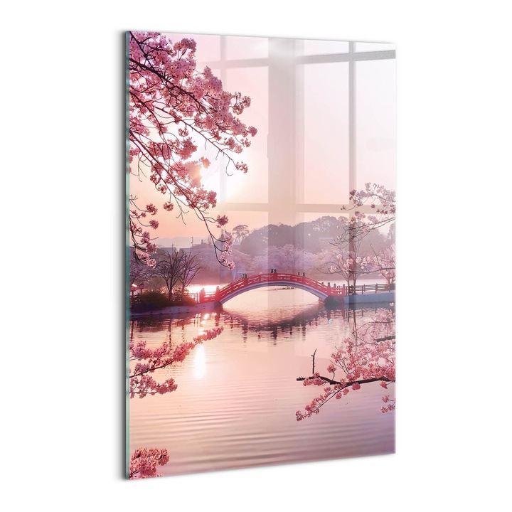 Tablou Sticla, Wallfluent, Flori de cires si pod - stil japonez, Roz, 40x60 cm, 010010010160100277318