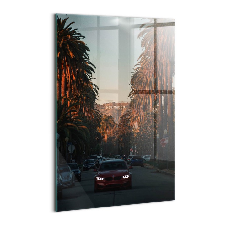 Tablou Sticla, Wallfluent, Masini de la Hollywood, Rosu, 40x60 cm, 010010010160100075542