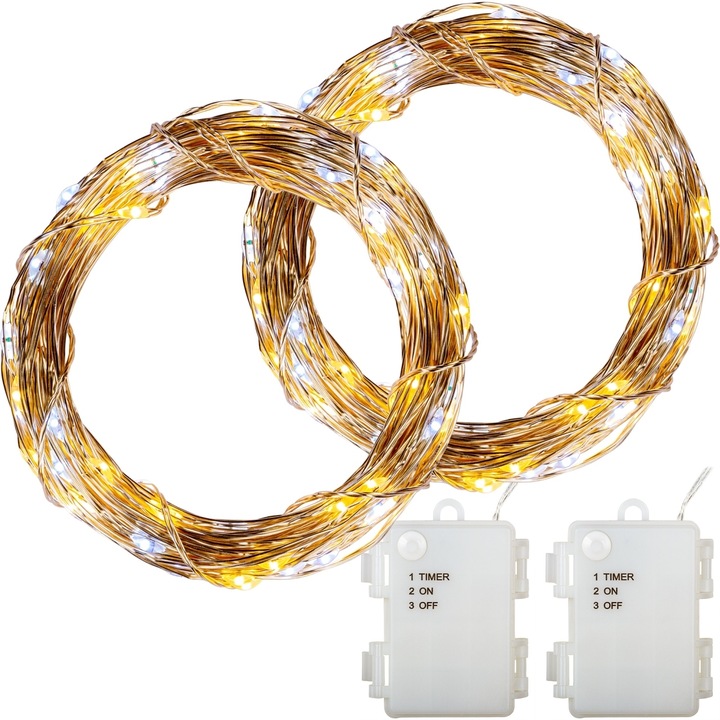 Set de 2 instalatii cu 100 de led-uri, alimentare cu baterie, transparent, alb/rece, VOLTRONIC