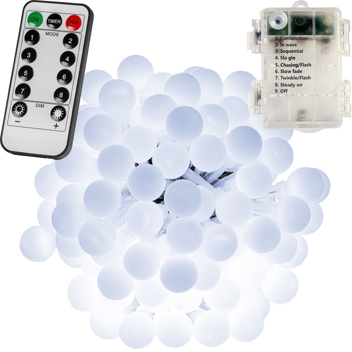 Instalatie 200 led-uri, lumini de zana, alb/rece, telecomanda, alimentare pe baterie, VOLTRONIC®