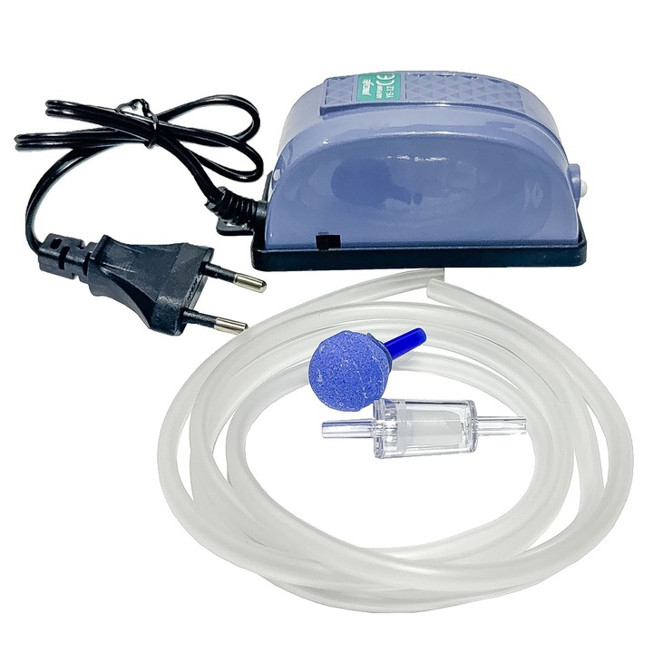 Set aerare acvariu cu pompa oxigen acvariu, furtun aer, valva sens si piatra aer, o iesire, debit 3, 5 l/min cu 2 trepte de viteza