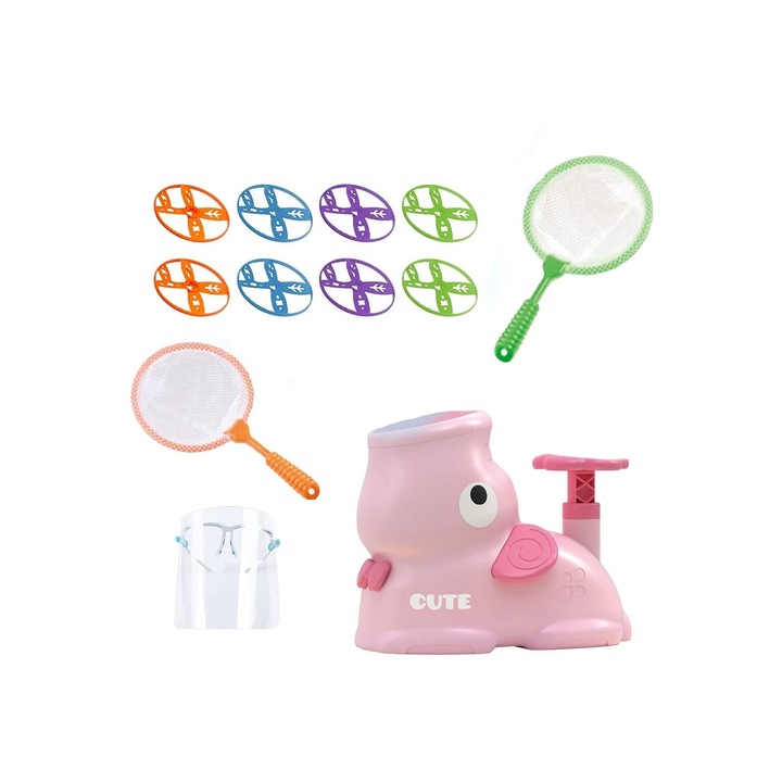 Jucarie Exterior, Lansator cu pedala pentru discuri zburatoare, include plase si ochilari de protectie pentru copii, 3 ani +, Roz