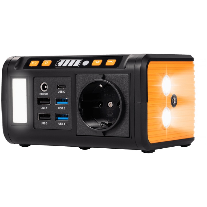 Мини зарядна станция Technaxx TX-205, 74Wh, 80W, USB-C, USB-A, QC3.0, 1 x 230V, Фенерче, Контакт за кола, DC/соларно зареждане (по избор), Черен/Оранжев