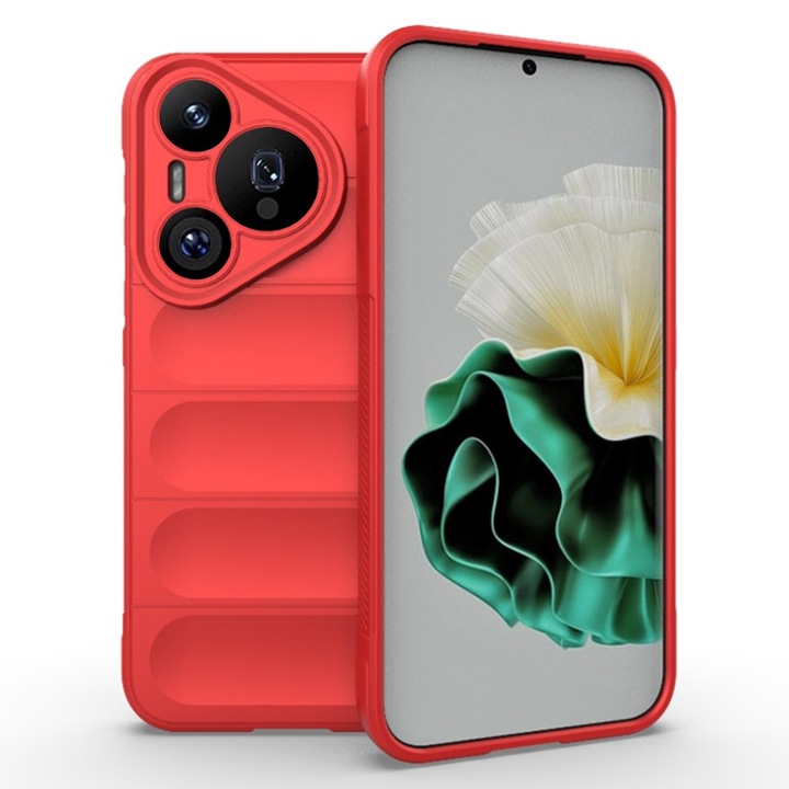 Set protectie pentru Huawei Pura 70 Pro, Husa Matte Waves si Folie clear, Camera Protect, Striatii laterale, Colturi intarite, Margini inaltate, Antialunecare, Antisoc, Silicon prietenos cu pielea, Rosu