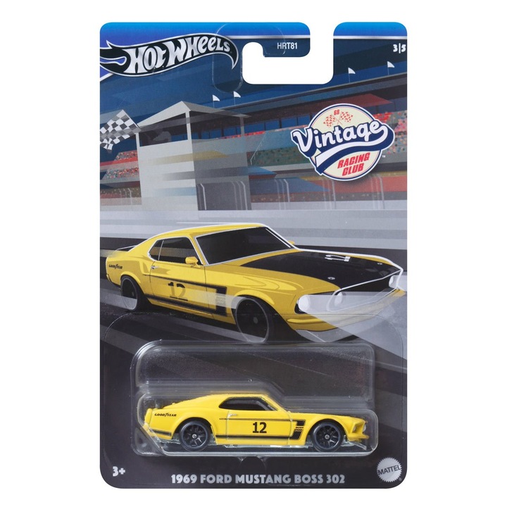 Masinuta metalica Hot Wheels, Ford Mustang Boss 302, Vintage Racing Club Mix B, 1:64, Galben