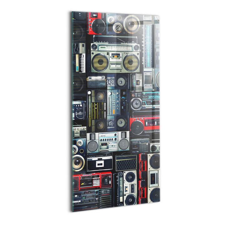 Tablou Sticla, Wallfluent, Muzica - Boombox vintage, Negru, 70x140 cm, 010010010250100074573
