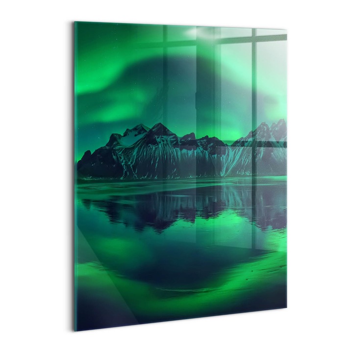 Tablou Sticla, Wallfluent, Aurora boreala - reflexie in oglinda, Verde, 60x80 cm, 010010010230100074633