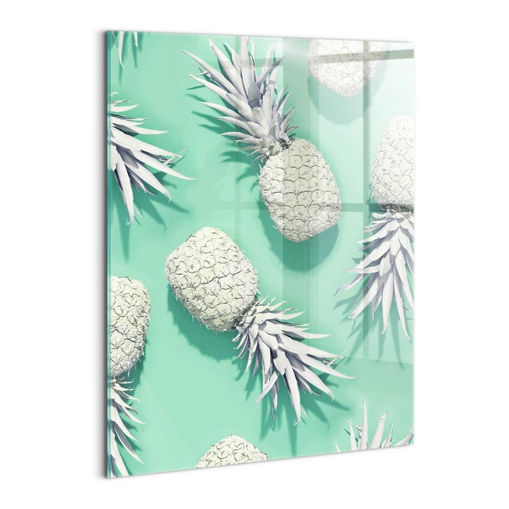 Tablou Sticla, Wallfluent, Ananas pictat, Verde, 60x80 cm, 010010010230100074653