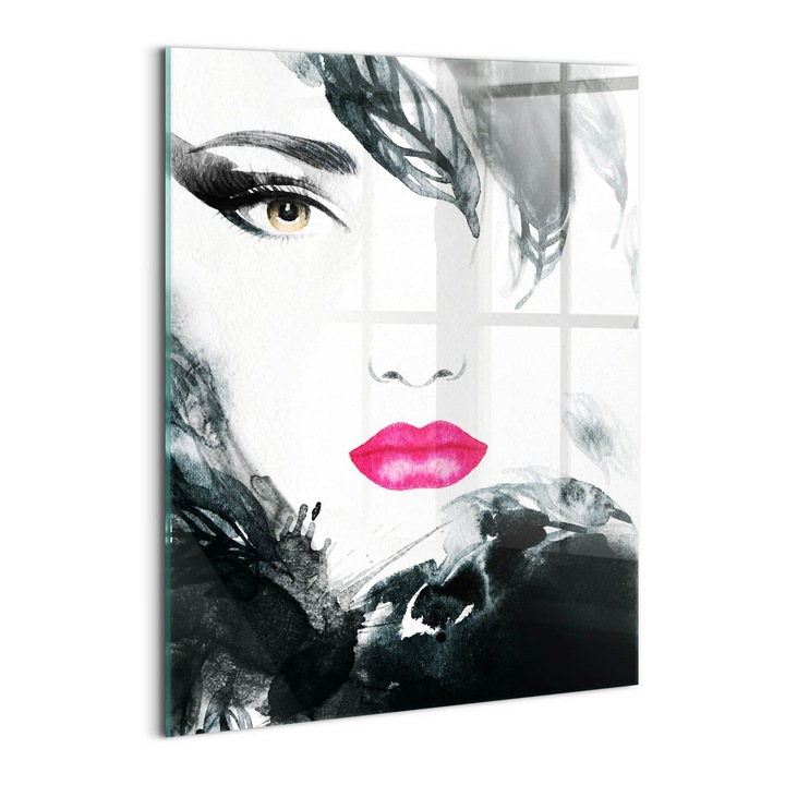 Tablou Sticla, Wallfluent, Portret de femeie cu buze rosii, Alb, Negru, 60x80 cm, 010010010230100075013