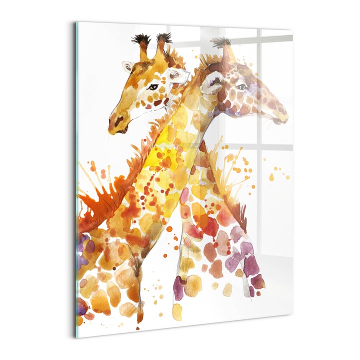 Tablou Sticla, Wallfluent, Girafa acuarela, Portocaliu, 60x80 cm, 010010010230100075145