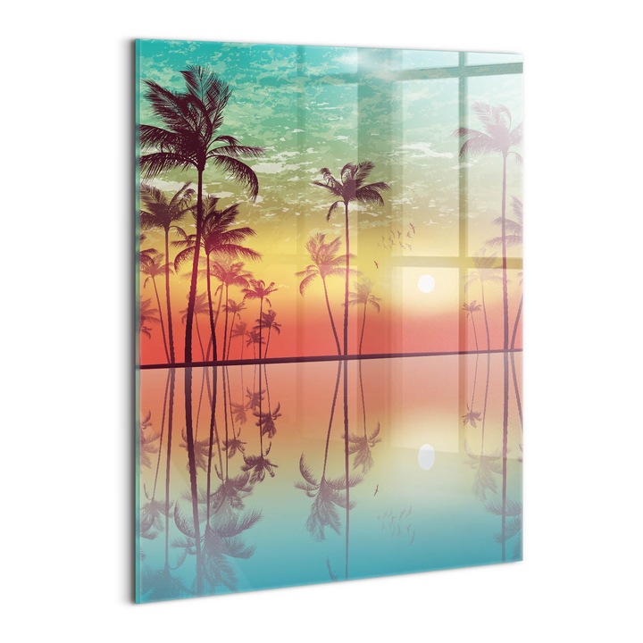 Tablou Sticla, Wallfluent, Palmieri tropicali la apus, Turcoaz, 60x80 cm, 010010010230100075164