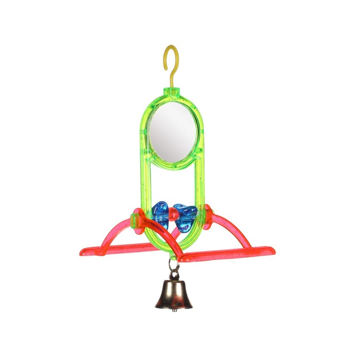 Jucarie pentru pasari exotice, Flamingo, oglinda cu clopotel, 16.5 cm