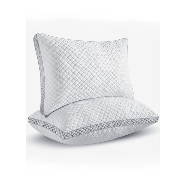 2 db párna szett 40 x 80, BedStory, levehető huzattal, Queen méretű, atkamentes, hipoallergén, kényelmes, puha és légáteresztő, Fehér és szürke mintás szélekkel