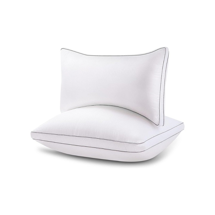 2 db 40 x 80-as párnás készlet, Amolavet, alternatív mikroszálas, puha és támasztó allergiában szenvedőknek, Fehér, dupla világosszürke szélekkel