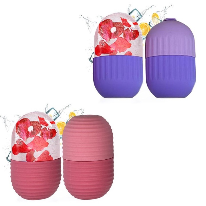 Set 2 Dispozitiv de gheata pentru masaj, BOMSTOM, silicon, multifunctional, pentru tratamente faciale, reduce ridurile/umflaturile, usor de curatat, roz/violet