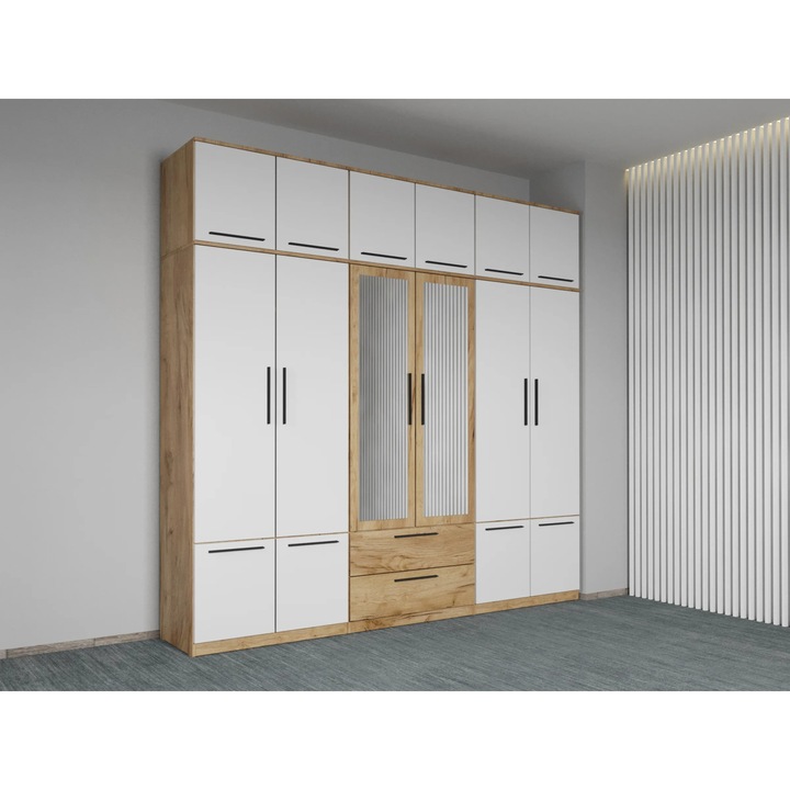 Dulap dormitor, Madrid, Stejar cu Alb, 6Usi, Oglinda, Suprapozabil, Pal Melaminat