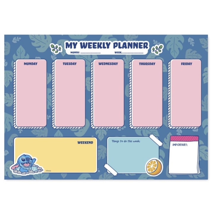 Disney Stitch heti tervező, A4 formátum, 54 lap, 21 x 29,7 cm, 90 g papír, többszínű