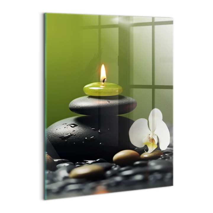 Tablou Sticla, Wallfluent, Relaxare zen natura si pietre, Verde, 60x80 cm, 010010010230100277316