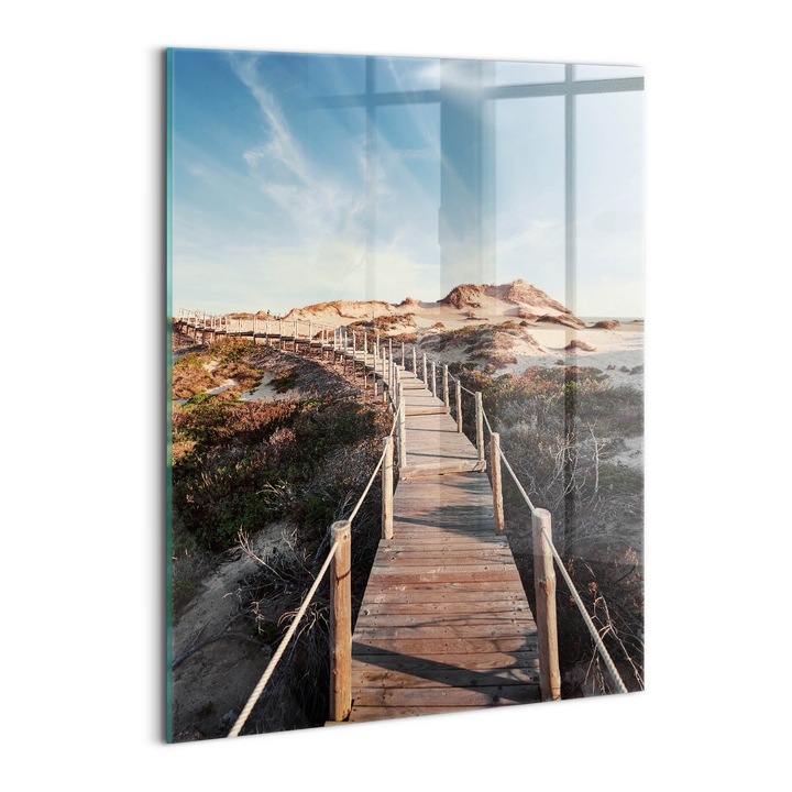 Tablou Sticla, Wallfluent, Peisaj de vara si drum de lemn, Albastru, 60x80 cm, 010010010230100277304