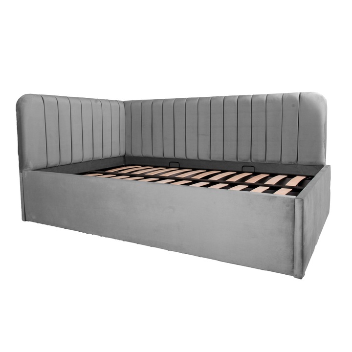 Pat dublu tapitat Disney line dreapta 140/200 gri deschis, cu somiera metalica rabatabila si spatiu de depozitare