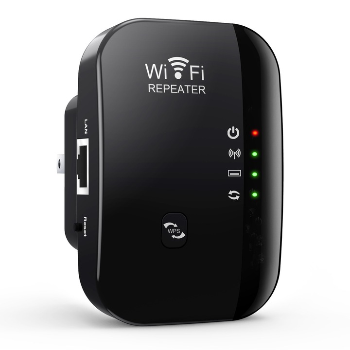 Wireless-N Network Signal Amplifier, Begleri®, WiFi Repeater предаване 300Mbps, 802.11n bg, 2.4GHz WLAN, Поддържа WPA2, WPA и WEP9, WPS функция с RJ-45 LAN порт и интегрирани антени, Черен