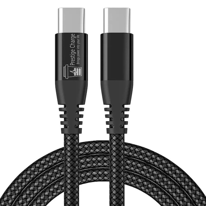 Cablu USB-C la USB-C PD 60W, PRESTIGE CHARGE®, Transfer Date si Incarcare SuperFastCharge 25W/45W, pentru iPhone 15, 16 & 17, Plus, Pro & ProMax, Samsung, Universal, Protectie, Incarcare Rapida, Telefon, Tableta, TEXTIL PREMIUM, Type C, 2m, Negru