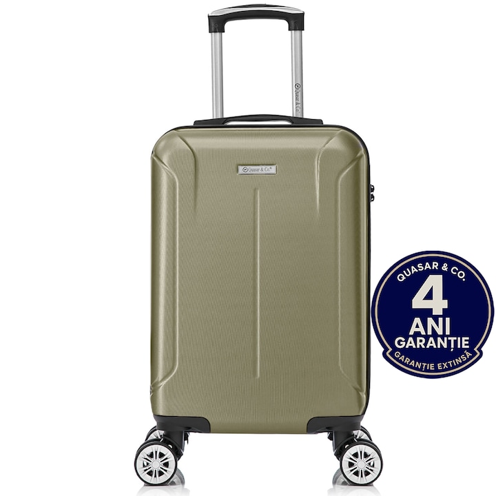 Troler cabina avion Quasar & Co.®, 55x35x20cm, bagaj de mana, troller cu fermoar antifurt, cifru, maner telescopic lung, geamantan cu 4 roti duble silentioase 360°, valiza ABS 2.8 mm, rezistent, 2 compartimente cu buzunar, 10kg, Smart, Sampanie