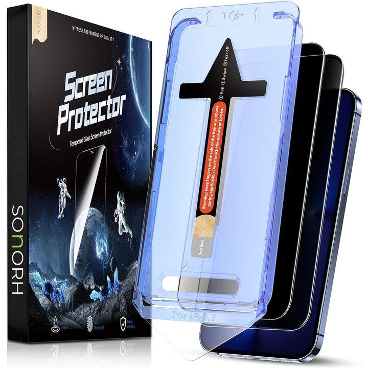 Átlátszó üvegfólia kompatibilis iPhone 13 Pro Max készülékkel, SONORH, automatikus alkalmazáskészlet, gyors telepítés 10 másodperc alatt, magas szintű professzionális védelem a telefon kijelzőjéhez