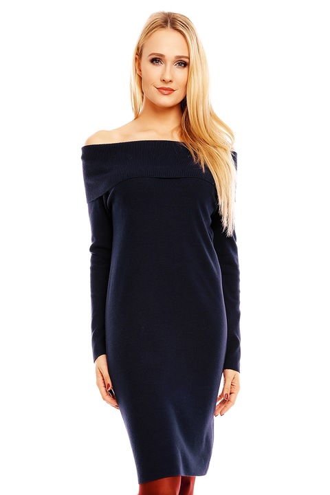 Rochie tricotata cu decolteu barcuta, Albastru