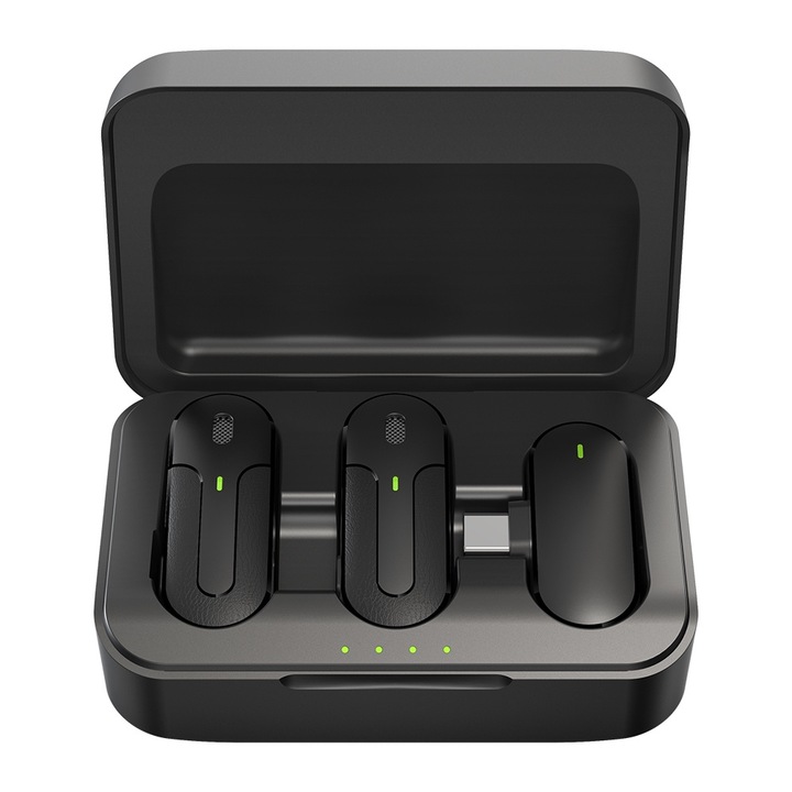 Set de 2 Microfoane Lavaliere cu Carcasa de Incarcare, Inteliced®, Fara Fir, Conectare Wireless, Distanta Transmisie 30m, Portabile, Diminueaza Sunetul Exterior, Inregistreaza Sunete Clare, Compatibil cu USB Type-C si 99% din Aplicatiile Media