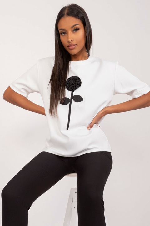 Bluza dama, Lakerta, Alb cu aplicatie florala neagra, Bumbac/Poliester, S INTL